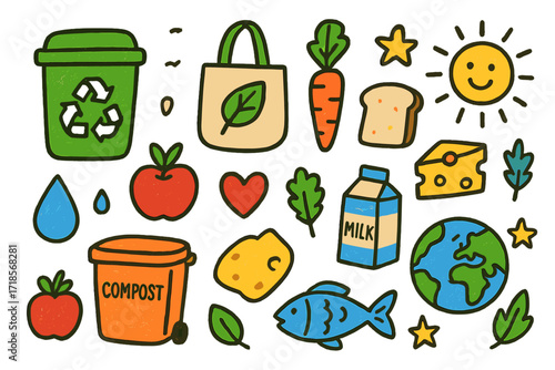 Sustainable Food Icons. Colorful Hand-drawn doodle Children illustration food sustainability recycling bin, compost bin, reusable bag, apple, bread, carrot,