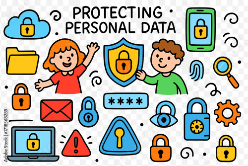 Children's Data Protection Doodles. Colorful Hand-drawn doodle Children illustration Protecting personal data [laptop, smartphone, shield, lock, cloud, folder,
