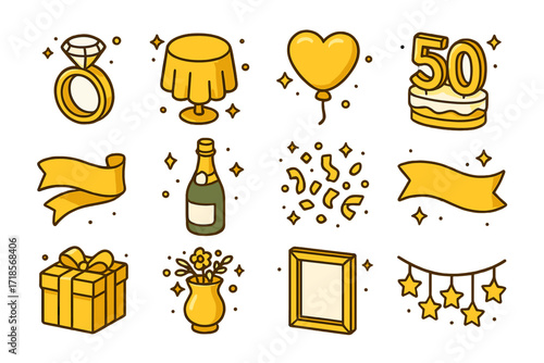 Golden Anniversary Icons. Colorful isometric vector icons set of golden anniversary theme: gold ring, gold table decor, golden heart balloon, number cake