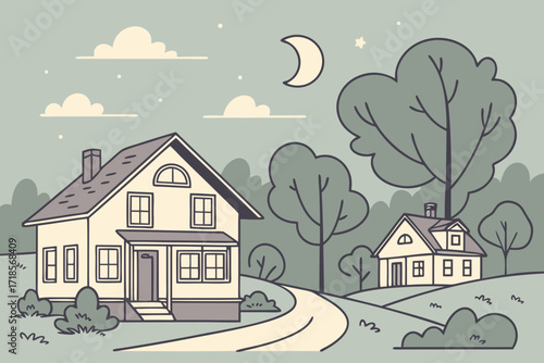 Dreamy Night Landscape with Charming Houses, Moon, and Stars, Perfect for Children's Books and Cozy Designs, Originally Created as a Scalable Graphic