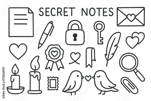 Secret Love Doodles. Hand-drawn doodle illustration [Secret notes] [paper, pen, envelope, lock, key, heart, wax seal, ribbon, bookmark, quill, candle, stamp,