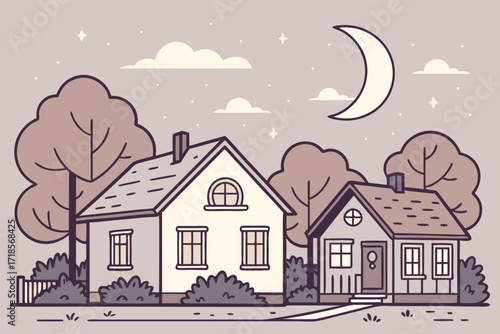 Charming neighborhood scene under starry night, cozy homes with moonlit sky, peaceful residential living, dreamy illustration, friendly community vibe