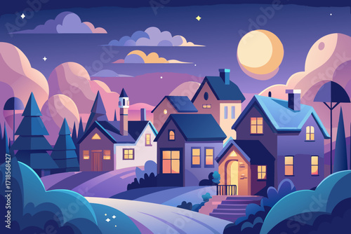 Dreamy village scene bathed in moonlight, enchanting houses under a serene sky, evoking peaceful nights and whimsical charm for storybooks and designs