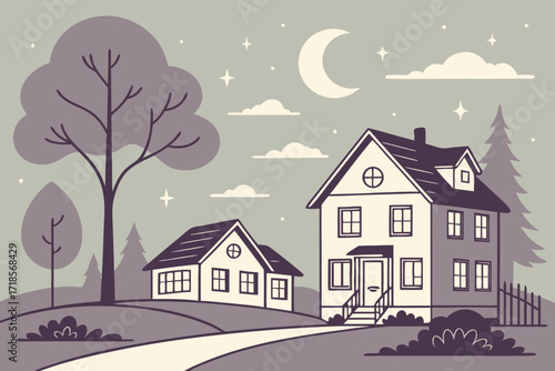 Charming neighborhood scene with cozy homes under a moonlit sky, perfect for storybooks, peaceful landscapes, and idyllic living concepts in vintage style
