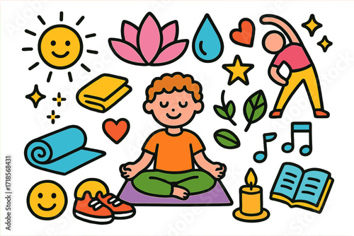 Colorful Yoga Doodles. Colorful Hand-drawn doodle Children illustration Yoga class yoga mat, lotus flower, water droplet, heart, star, smiley face, sparkles,