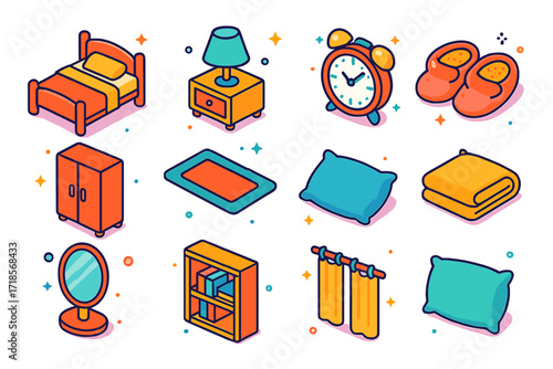 Playful Bedroom Icons. Bedroom. Colorful isometric vector icons set of bedroom: bed, bedside table, lamp, alarm clock, fluffy slippers, wardrobe, rug, pillow,