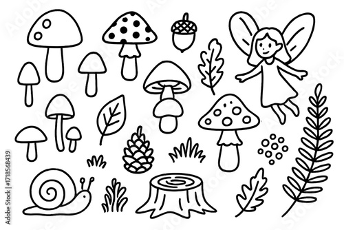 Mystical Fungi Doodles. Hand-drawn doodle illustration Mystical fungi, mushroom, toadstool, spore, cap, stem, gills, forest leaf, acorn, pine cone, snail,
