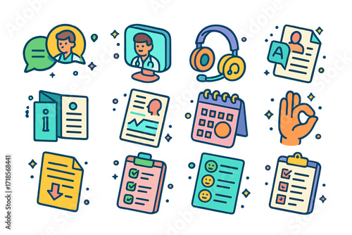 Patient Communication Icons. Colorful isometric vector icons set of Patient Communication Tools: doctor-patient dialogue bubble, telehealth screen, translator
