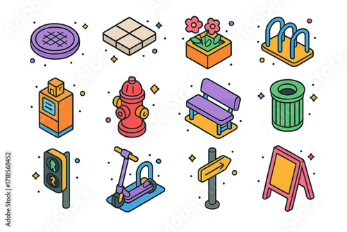 Colorful Sidewalk Icons Set. Colorful isometric vector icons set of sidewalk features: manhole cover, sidewalk tiles, flower planter, bike rack, newspaper box,