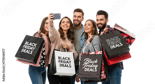 Group of happy young friends taking a selfie with shopping bags on black friday, isolated on transparent background