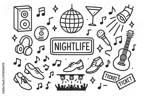 Nightlife Doodle Icons. Nightlife. Hand-drawn doodle illustration nightlife disco ball, neon sign, speakers, vinyl record, headphones, cocktail glass, dancing
