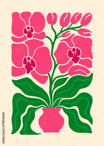 Folk Art Floral Illustration of Pink Orchid Flowers in Decorative Vase with Green Leaves