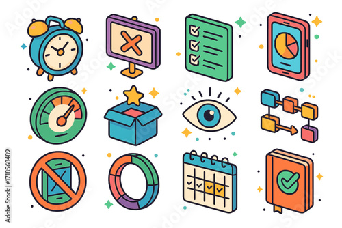 Self-Discipline Icon Set. Colorful isometric vector icons set of self-discipline tools: alarm clock, no excuses board, to-do list, time management app,