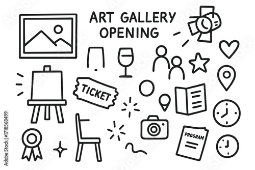 Art Gallery Doodle Icons. Hand-drawn doodle illustration Art gallery opening photo frame, easel, wine glass, ticket, spotlight, star, heart, people icons,