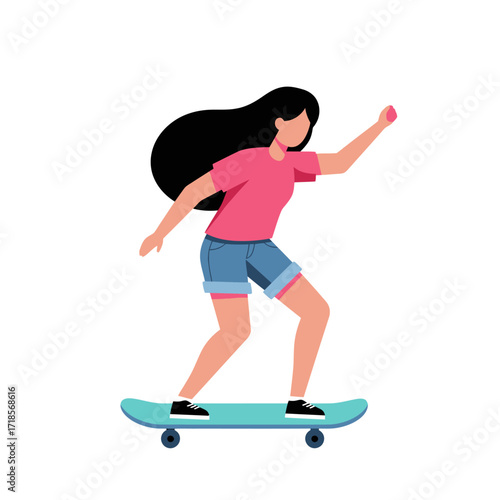 A young woman with long dark hair in a pink t-shirt and denim shorts is actively skateboarding.