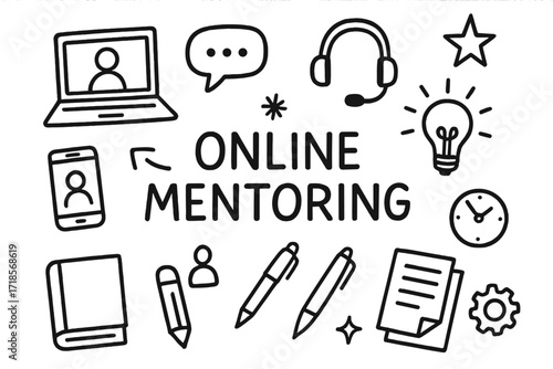 Online Mentoring Icons. Hand-drawn doodle illustration Online mentoring [laptop, smartphone, headset, chat bubble, figure icon, book, notebook, pen, document,