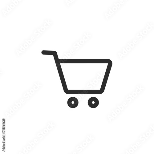 Simple line drawing of an empty shopping cart with handle and wheels on a white background.