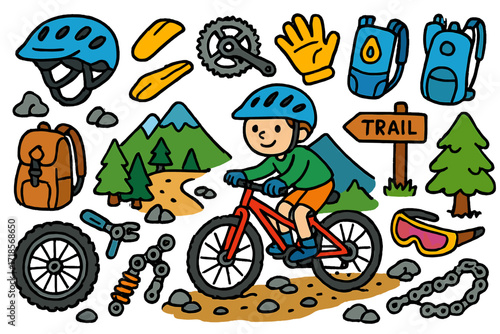 Mountain Biking Adventure. Colorful Hand-drawn doodle Children illustration Mountain Biking mountain bike, helmet, mudguard, gloves, hydration pack, trail