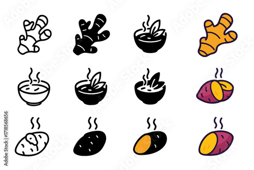 Warming Foods Icon Set. Icon Set of Warming Foods: Ginger root, Herbal broth, Steamed sweet potato. Icons set in vector style, emblematic variations. Ginger