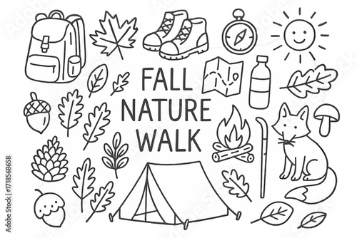 Fall Nature Walk Doodles. Hand-drawn doodle illustration Fall nature walk, backpack, hiking boots, map, compass, water bottle, campfire, leaves, acorn, pine