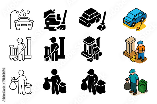 Outdoor Chores Icons. Icon Set of Outdoor chores: washing car, sweeping porch, taking out trash. Icons set in vector style, emblematic variations. Washing car