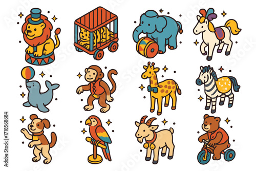 Circus Animal Parade. Colorful isometric vector icons set of circus animals in parade: lion with hat, tiger in a cage cart, elephant with drum, white horse
