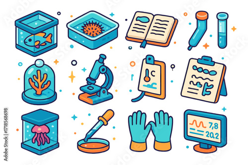 Oceanic Lab Icons. Colorful isometric vector icons set of ocean creatures in aquariums and labs: fish in observation tank, sea urchin in lab tray, researcher