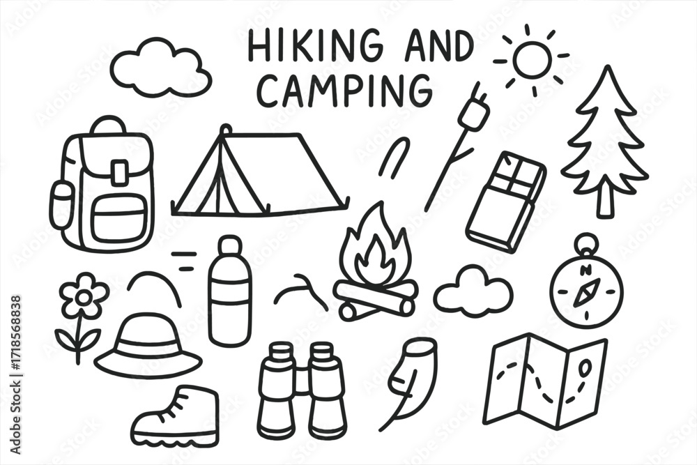 Fototapeta premium Hiking & Camping Icons. Hand-drawn doodle illustration Hiking and camping day [backpack, tent, marshmallow stick, campfire, chocolate bar, tree, sun, cloud,