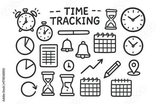 Time Management Doodle Icons. Hand-drawn doodle illustration [Time tracking] alarm clock, stopwatch, hourglass, calendar, wall clock, pie chart, time card,
