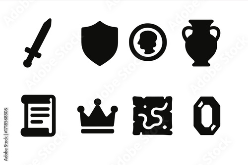 Historic Artifacts Icons. Solid, filled icon set of historic artifacts: old sword, shield, coin, ancient vase, scroll, crown, old map, gemstone. Solid, filled