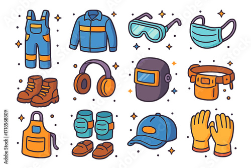 Colorful Mechanics Icons. Colorful isometric vector icons set of mechanic uniforms and safety gear: overalls, mechanic jacket, safety goggles, face mask,