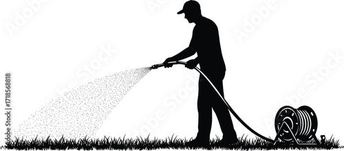 Silhouette of man watering grass with garden hose, outdoor lawn care, irrigation concept, gardening maintenance, summer activity, landscaping design illustration.