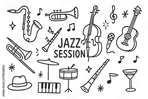 Jazz Instruments Doodle. Hand-drawn doodle illustration deep sea cave diving diver, oxygen tank, flippers, snorkel, flashlight, coral, seaweed, bubbles,