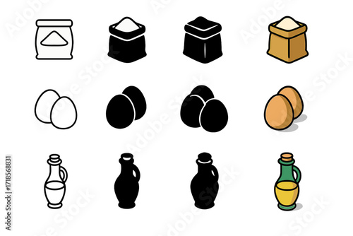 Pasta Ingredients Icons. Icon Set of Pasta Ingredients: Flour bag, Eggs, Olive oil bottle. Icons set in vector style, emblematic variations. Flour bag line,