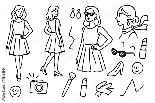 Fashion Model Doodle. Hand-drawn doodle illustration Fashion model poses [standing model, turn, leg pose, hand on hip, face profile, camera flash, earrings,