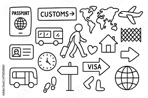 Border Crossing Doodles. Hand-drawn doodle illustration [border crossing and resettlement] [passport, customs sign, person with suitcase, map, airplane, fence,
