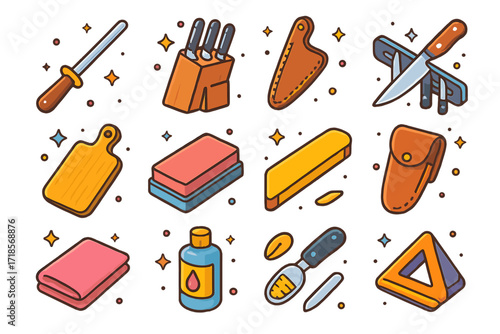Steak Knife Icons. Colorful isometric vector icons set of Steak Knife Accessories: sharpening rod, knife block, leather sheath, knife magnet, cutting board,