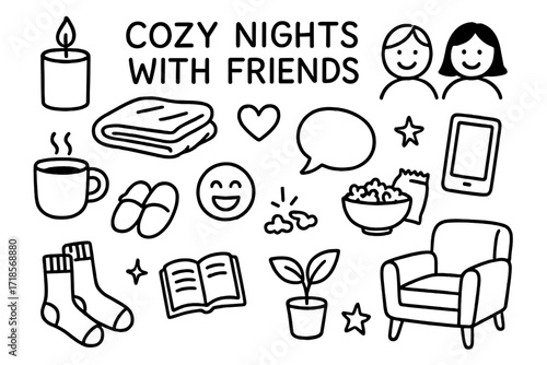 Cozy Friends' Night Icons. Hand-drawn doodle illustration [cozy nights with friends] [candle, blanket, hot drink, slippers, heart, book, laughter icon, snacks,
