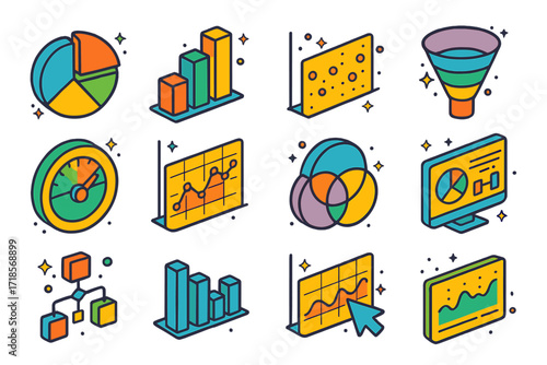 Colorful Data Visualization Icons. Colorful isometric vector icons set of Data visualization tools: colorful pie chart, stacked bar graph, scatter plot chart,
