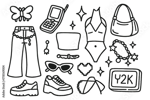 Y2K Fashion Icons. Hand-drawn doodle illustration Y2K fashion revival [butterfly clip, flip phone, shiny bag, low-rise jeans, tube top, glitter icon, platform