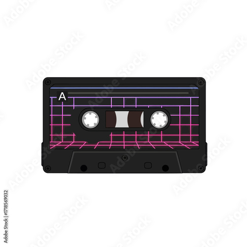 A black audio cassette tape featuring a vibrant retro-futuristic pink and purple grid design on its label, set against a white background.