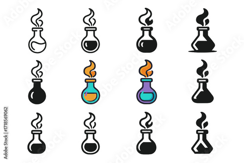 Colorful Flask Logos. Set Logo of Flasks: Flask with swirling smoke above. Logo set in vector style, emblematic variations. line, bold thick line, solid black