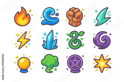 Elemental Magic Icons. Colorful isometric vector icons set of elemental magic powers: fireball, water stream, stone fist, wind blade, electric arc, ice spike,