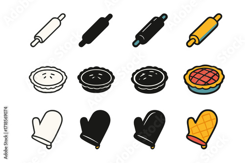 Classic Pie Baking Icons. Icon Set of Classic Pie Baking: Rolling Pin, Pie Dish, Oven Mitt. Icons set in vector style, emblematic variations. Rolling Pin line,