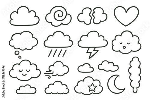 Doodle Cloud Shapes. Hand-drawn doodle illustration Cloud Shapes cloud puff, spiral cloud, broken cloud, heart-shaped cloud, thought bubble, rain cloud,