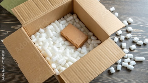 Simple brown parcel placed inside a larger cardboard box filled with foam peanuts, photographed on a dark wood background.