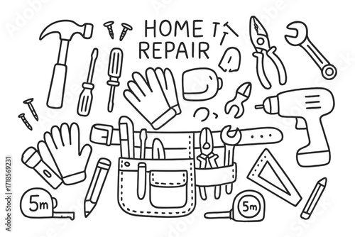 Home Repair Tools Icons. Hand-drawn doodle illustration home repair tool belt hammer, screwdriver, pliers, utility knife, wrench, tape measure, ruler, screws,