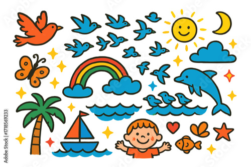 Children's Seaside Dream. Colorful Hand-drawn doodle Children illustration Birds Above the Sea flock of birds, waves, sun, rainbow, sparkles, fish, dolphin,