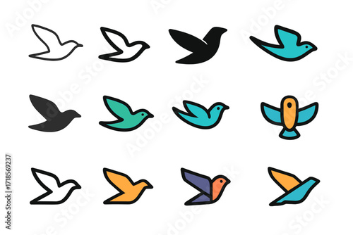 Gliding Bird Logos. Set Logo of Fresh Breeze: Gliding bird. Logo set in vector style, emblematic variations. line, bold thick line, solid black filled, solid