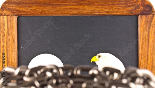 Eagle head and eggs behind chains on chalkboard